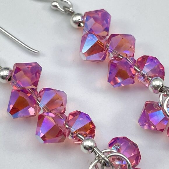 Made With Swarovski Crystal Pink AB Teardrops Sterling Silver Earrings Dangle - Picture 4 of 7
